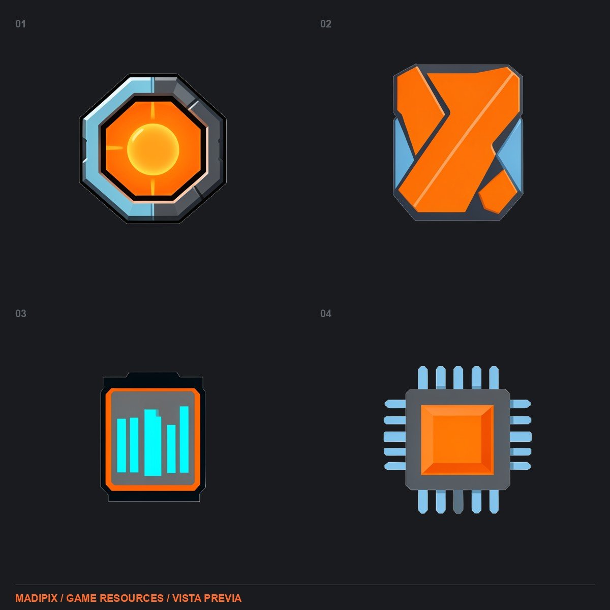 Vista real de Íconos de Interfaz de Usuario Sci-Fi: Núcleo Neón: cuatro recursos PNG