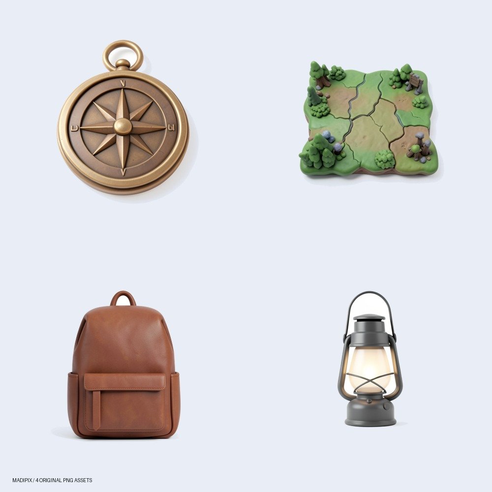 Vista previa de Kit de Herramientas de Explorador Fantástico | Recursos PNG Transparente: un pack de cuatro imágenes PNG.