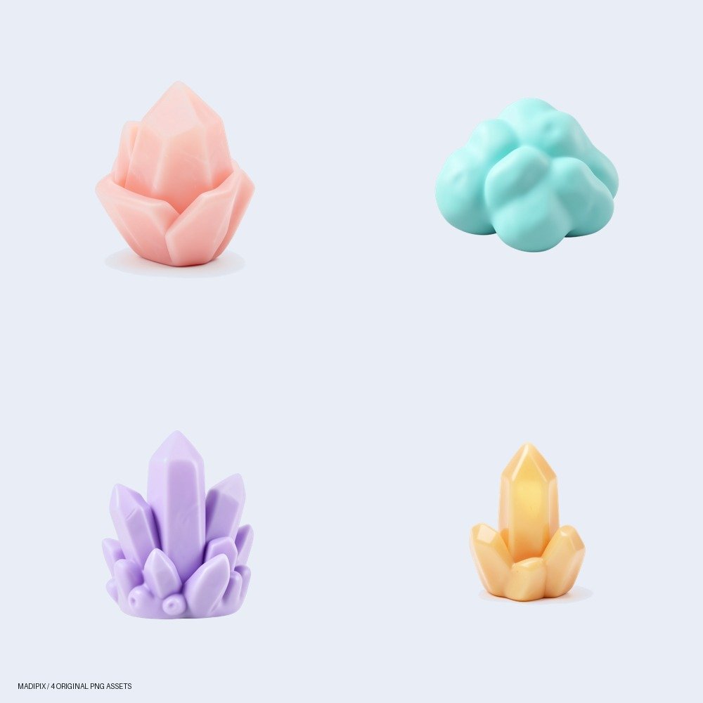 Vista previa de Minerales Pastel Digital: Recursos PNG de Cristales y Gemas: un pack de cuatro imágenes PNG.