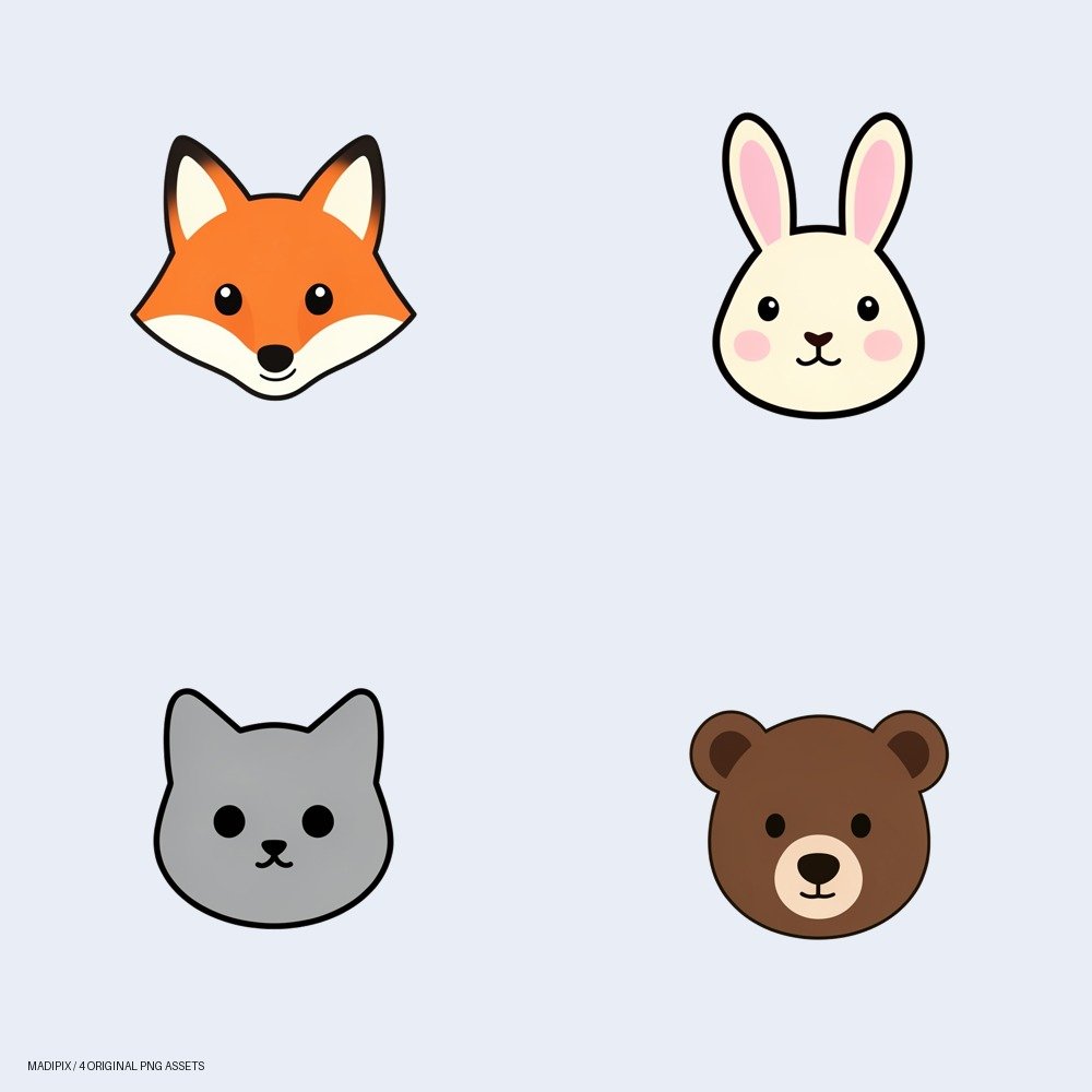 Vista previa de Mascotas de Papel: Set de Stickers Planos Animales: un pack de cuatro imágenes PNG.