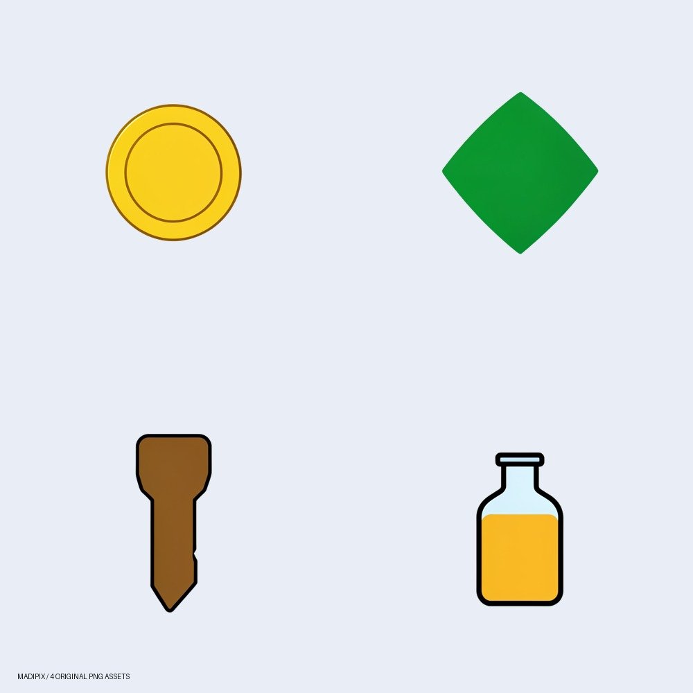 Vista previa de Inventario Plano: Iconos Esenciales para la Interfaz de Usuario de Juegos: un pack de cuatro imágenes PNG.