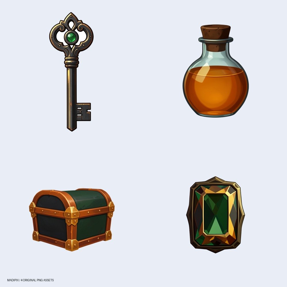 Vista previa de Botín de Mazmorra: Tesoros y Claves para tu Juego: un pack de cuatro imágenes PNG.