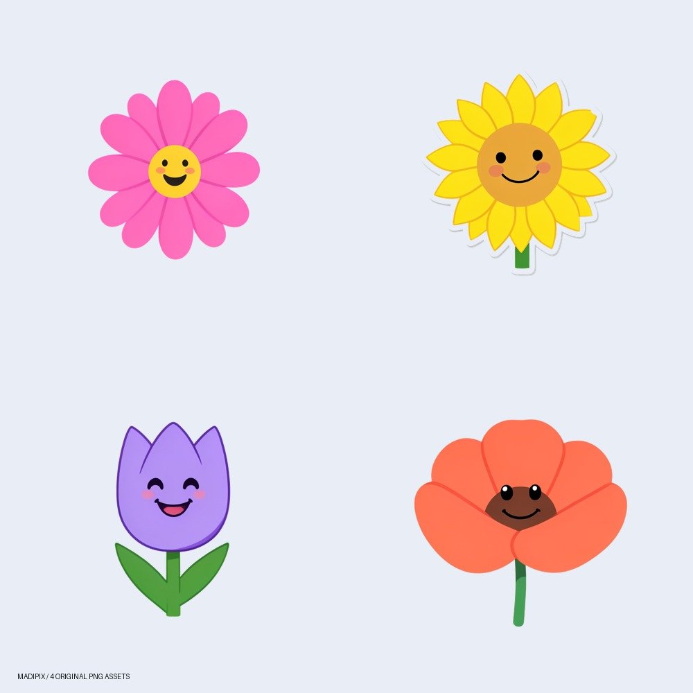 Vista previa de Flores Sonrientes: Set de Stickers Florales Alegres: un pack de cuatro imágenes PNG.