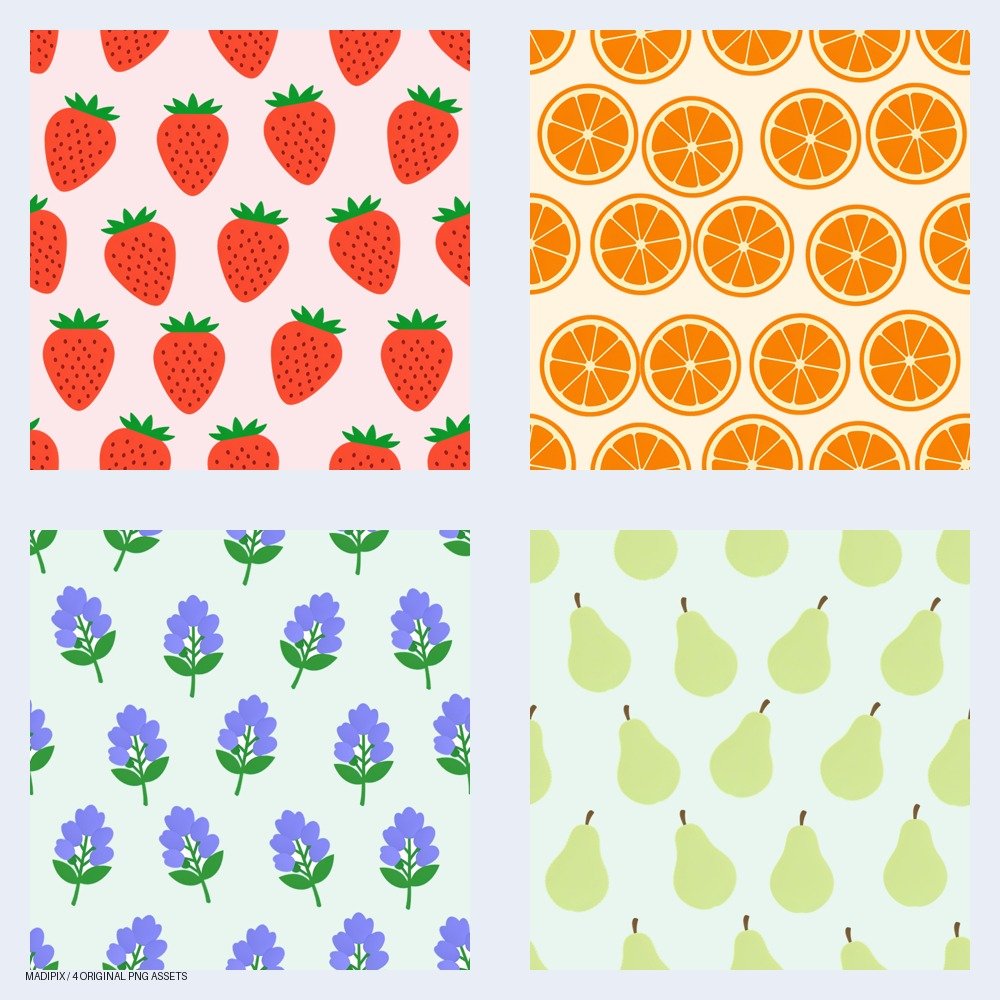 Vista previa de Patrones de Frutas Tropicales en Bucle | Recursos Digitales: un pack de cuatro imágenes PNG.