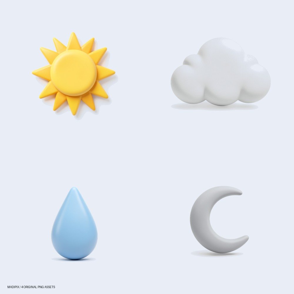 Vista previa de Iconos Estilizados de Clima: Sol, Nubes, Lluvia y Luna para tus Diseños: un pack de cuatro imágenes PNG.