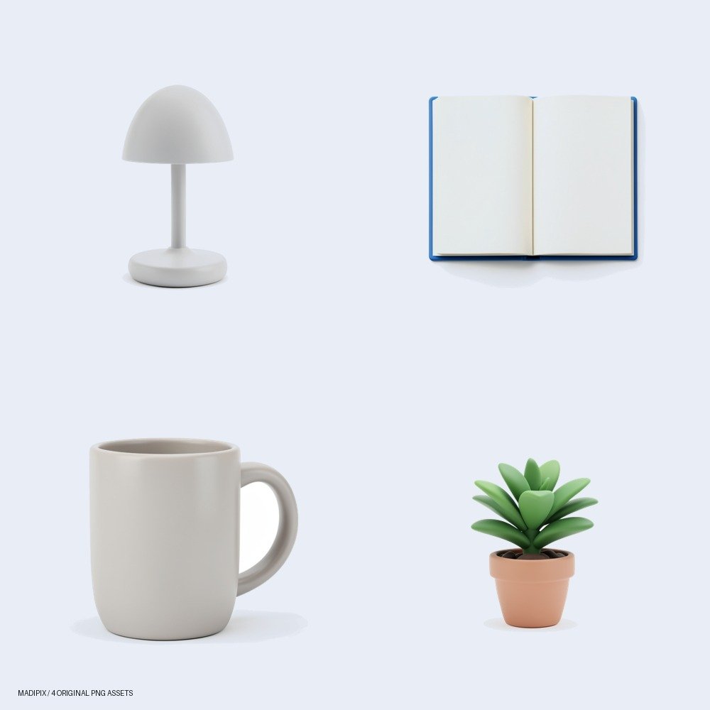 Vista previa de Set de Recursos Digitales: Escritorio Creativo Minimalista: un pack de cuatro imágenes PNG.