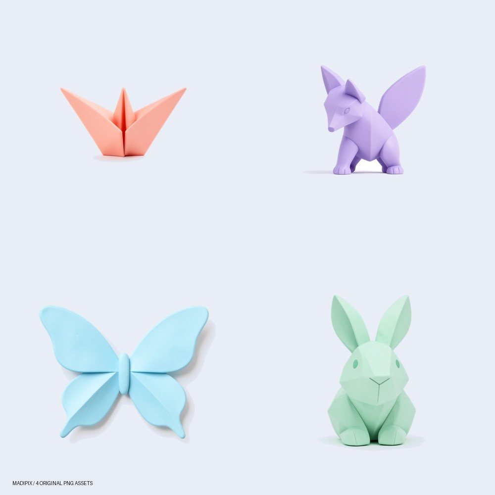 Vista previa de Set de Recursos Digitales: Origami Pastel: un pack de cuatro imágenes PNG.
