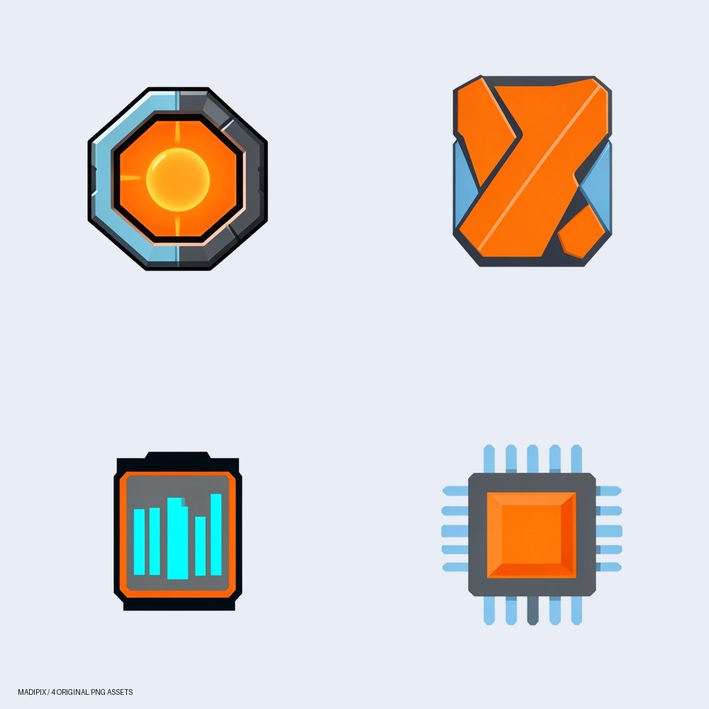 Vista previa de Íconos de Interfaz de Usuario Sci-Fi: Núcleo Neón: un pack de cuatro imágenes PNG.