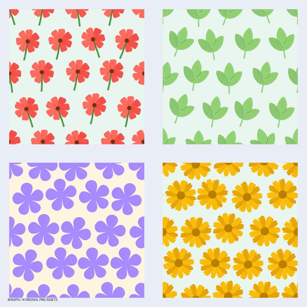 Vista previa de Jardín Gráfico: Patrones Florales Seamless en PNG: un pack de cuatro imágenes PNG.