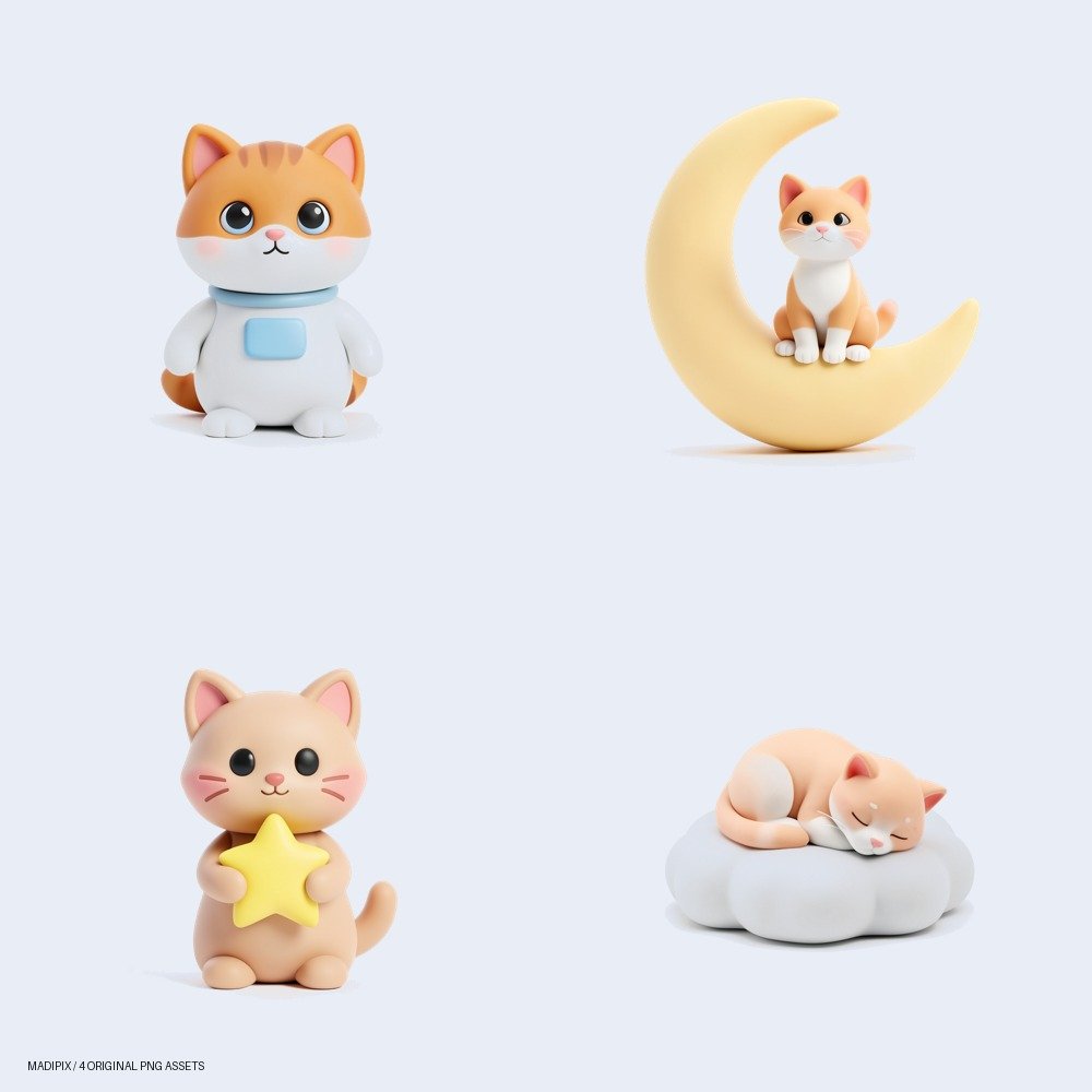Vista previa de Gatos Cósmicos PNG | Recursos Digitales Kawaii de Astronautas Felinos: un pack de cuatro imágenes PNG.