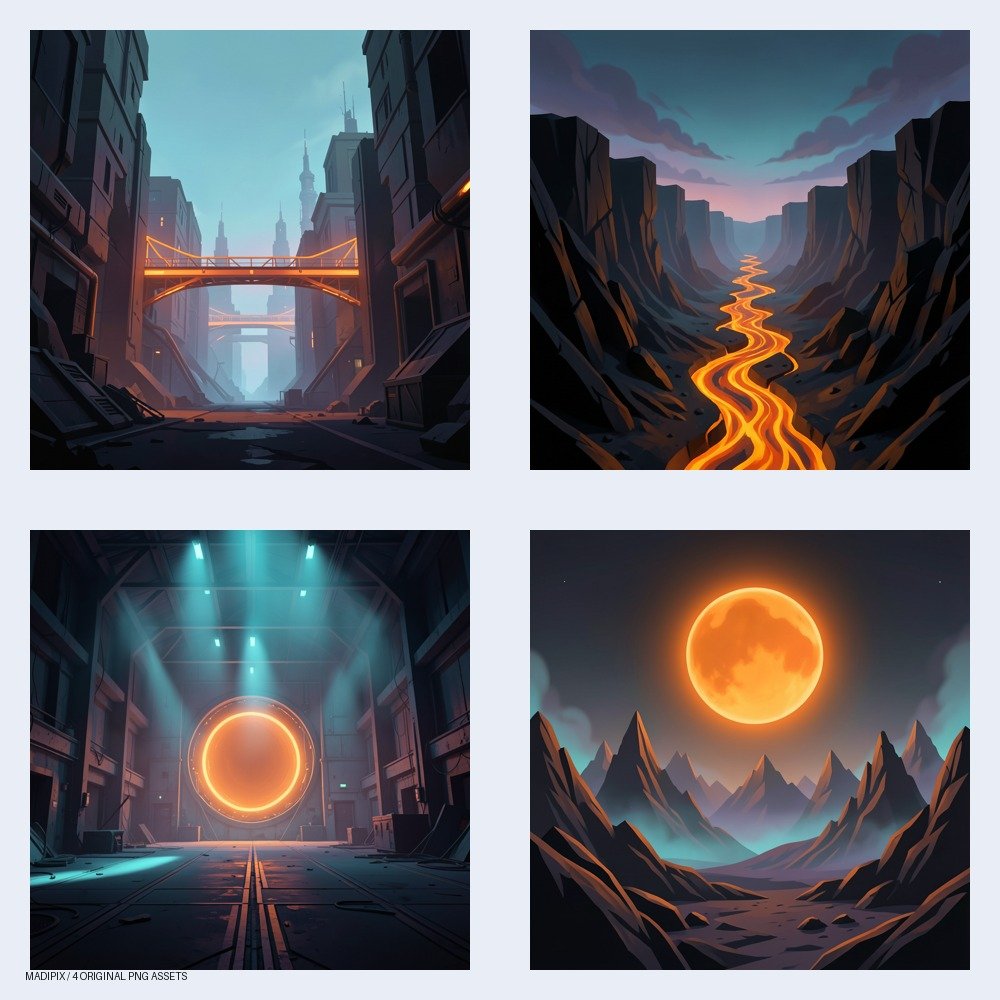 Vista previa de Zonas de otro mundo: Paisajes alienígenas y entornos industriales futuristas: un pack de cuatro imágenes PNG.