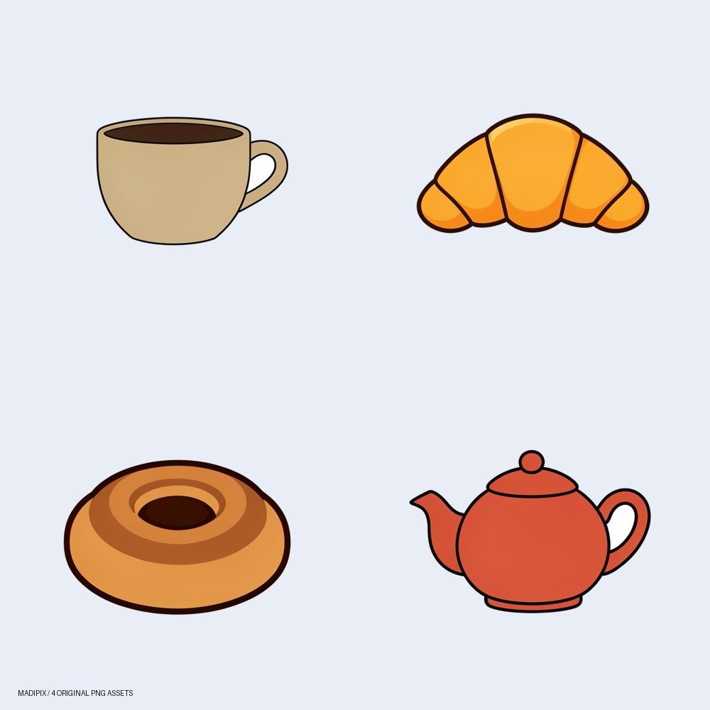 Vista previa de Set de Stickers Digitales 'Café Ilustrado': un pack de cuatro imágenes PNG.