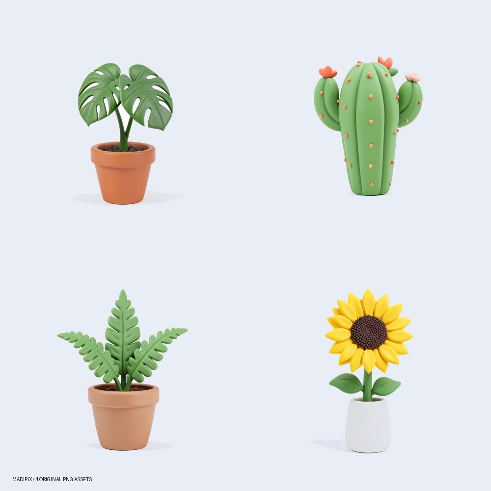 Vista previa de Jardín de Bolsillo: Elementos Botánicos Digitales: un pack de cuatro imágenes PNG.