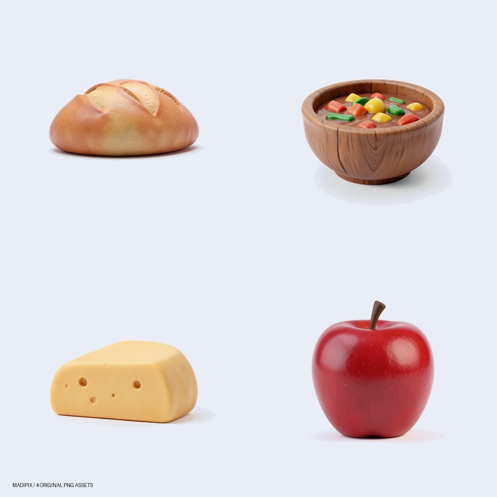 Vista previa de Cocina de Aventura: Recursos PNG Fantásticos para tu Mundo: un pack de cuatro imágenes PNG.