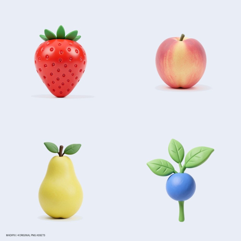 Vista previa de Dulce Colección de Frutas PNG | Recursos Digitales Tiernos: un pack de cuatro imágenes PNG.