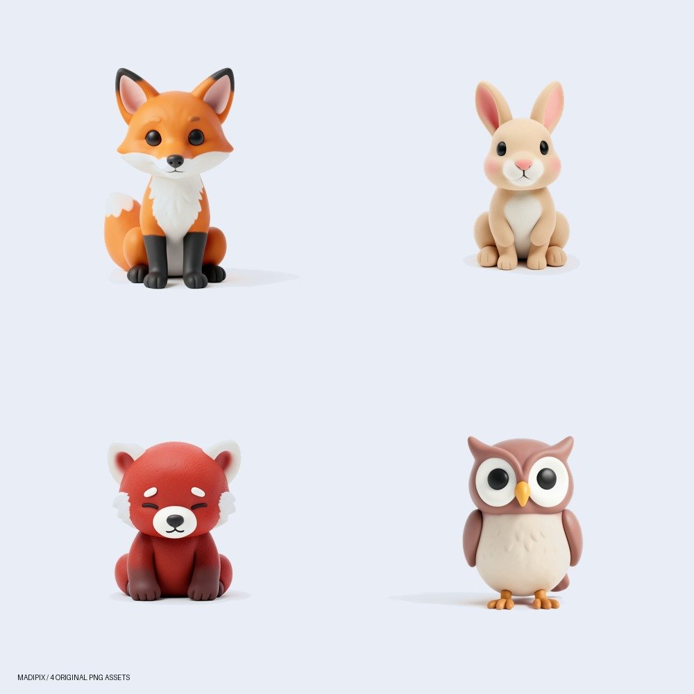 Vista previa de Animalitos de Escritorio: Colección PNG Transparente: un pack de cuatro imágenes PNG.