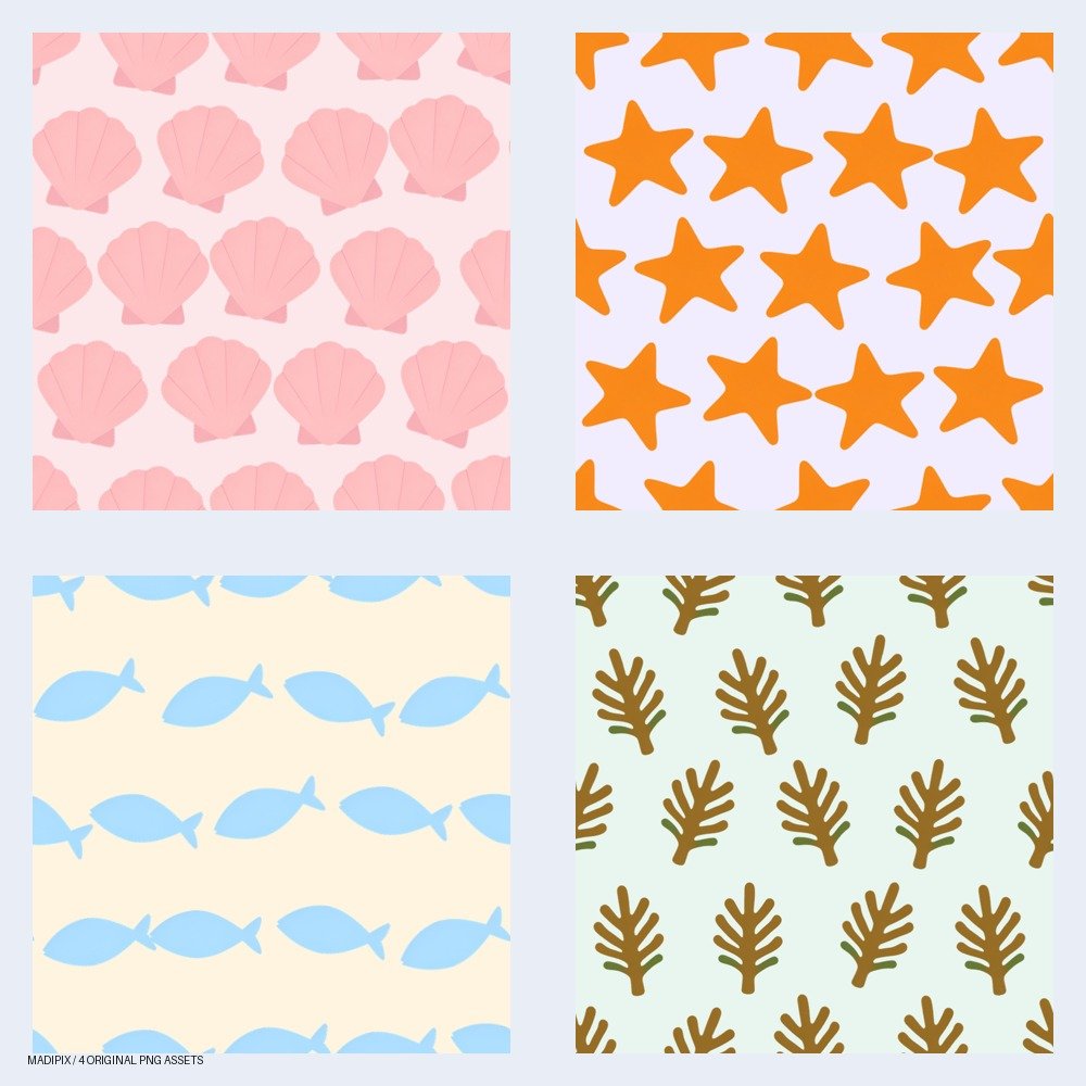 Vista previa de Mar en mosaico - Patrones Tropicales Pastel: un pack de cuatro imágenes PNG.