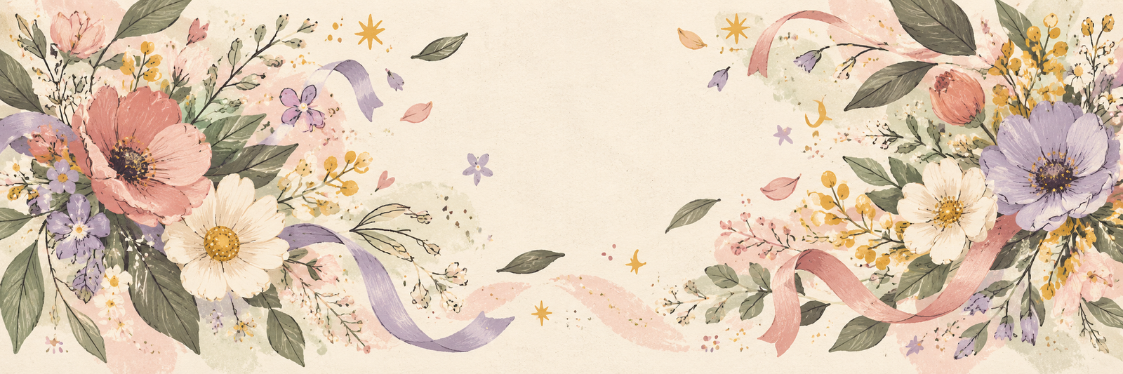 Ilustración decorativa de flores, lazos y pequeñas ideas creativas en tonos rosa y lavanda