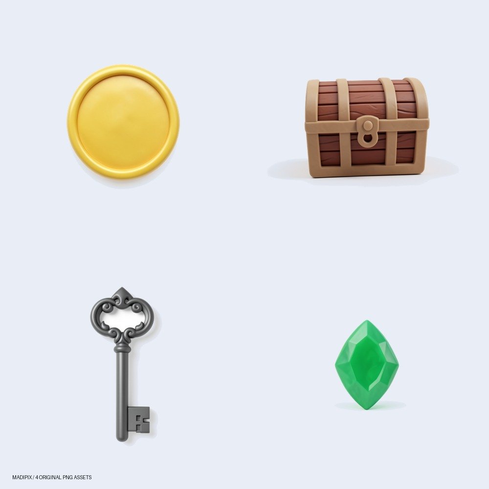 Vista previa de Kit de Elementos Mágicos: Tesoros y Antigüedades Fantásticas: un pack de cuatro imágenes PNG.