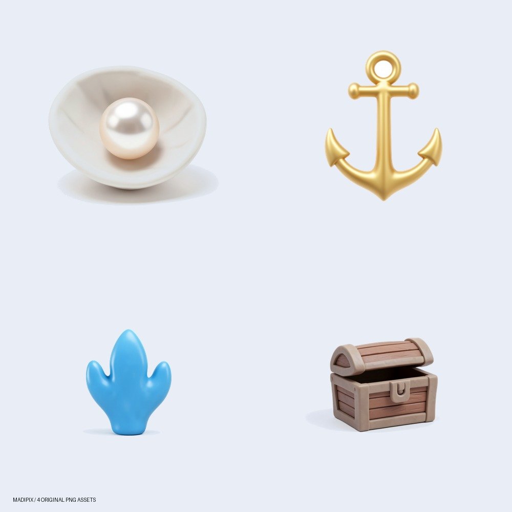 Vista previa de Botín Submarino: Recursos Mágicos para tus Creaciones Digitales: un pack de cuatro imágenes PNG.
