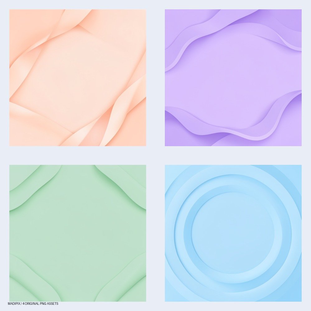 Vista previa de Ondas Suaves: Fondos Abstractos en Tonos Pastel: un pack de cuatro imágenes PNG.