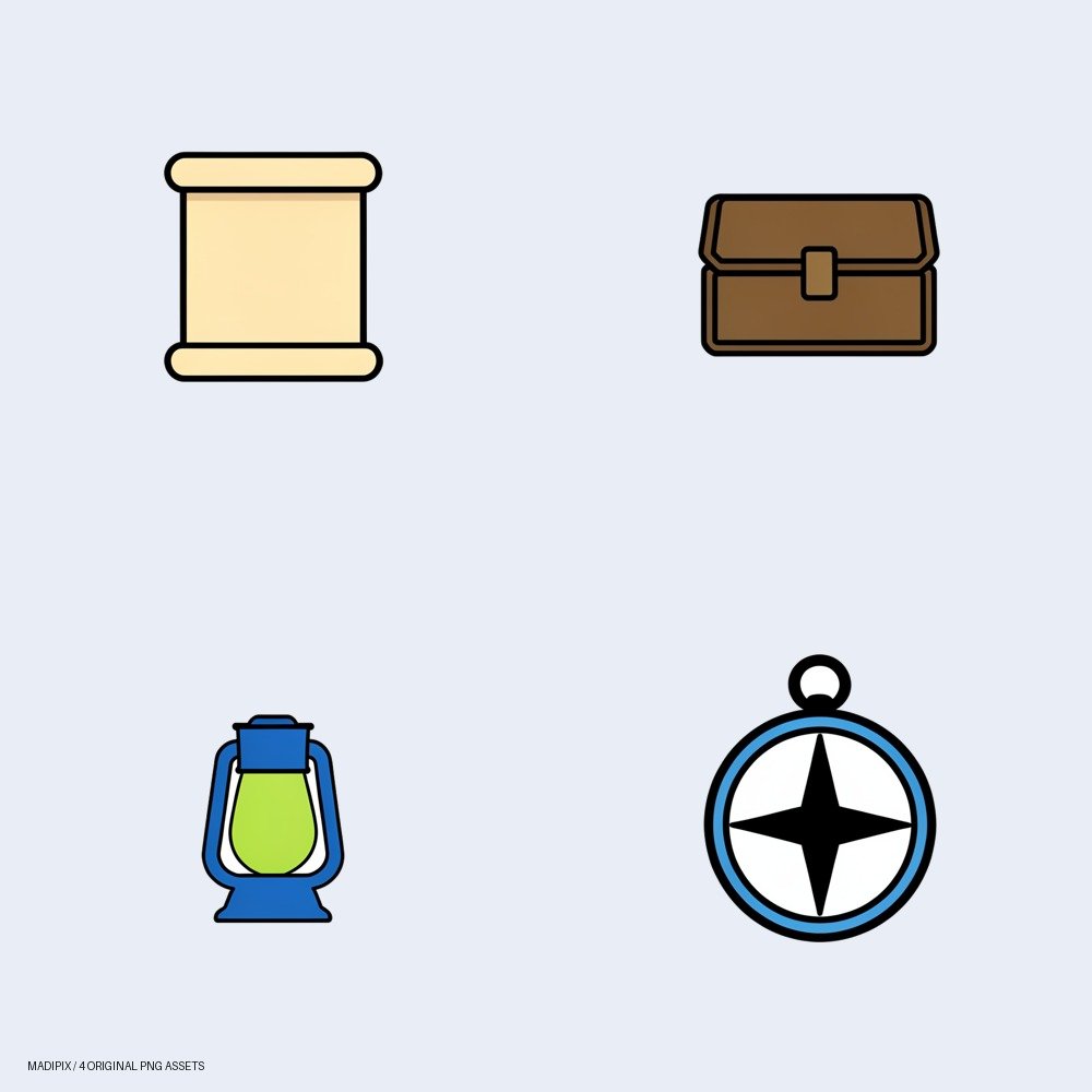 Vista previa de Kit de Iconos: Objetos de Misión y Aventura: un pack de cuatro imágenes PNG.