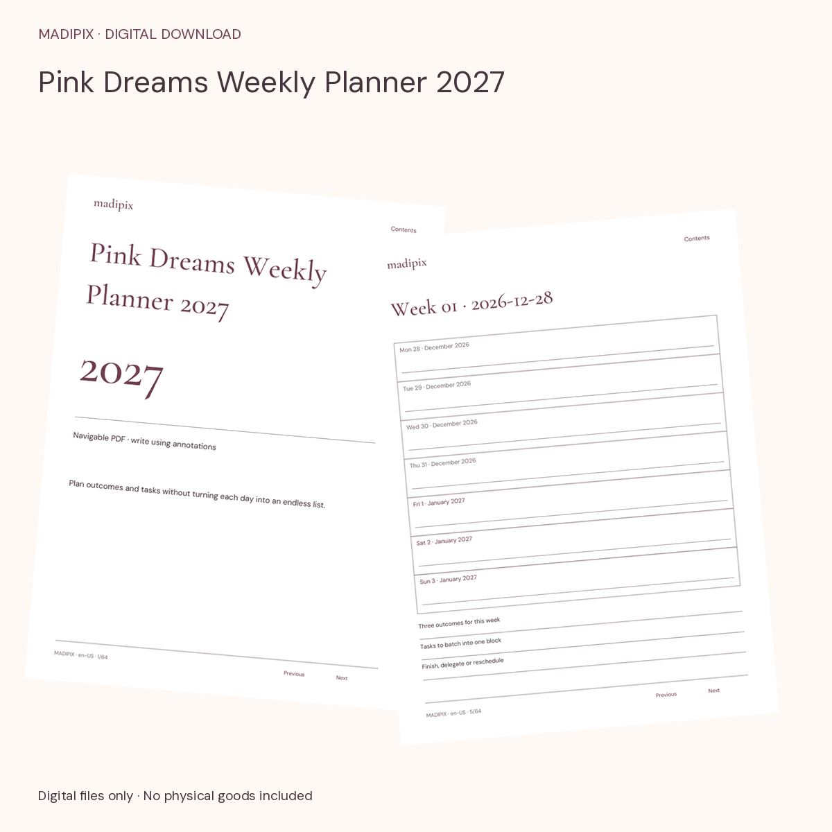 Pink Dreams Weekly Planner 2027 · actual file preview