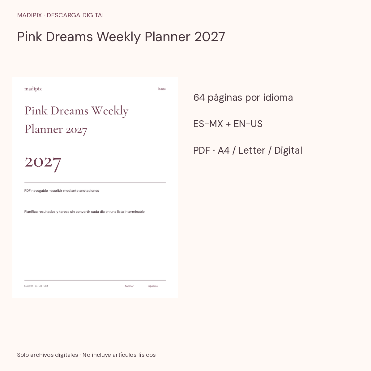 Pink Dreams Weekly Planner 2027 · vista del archivo real