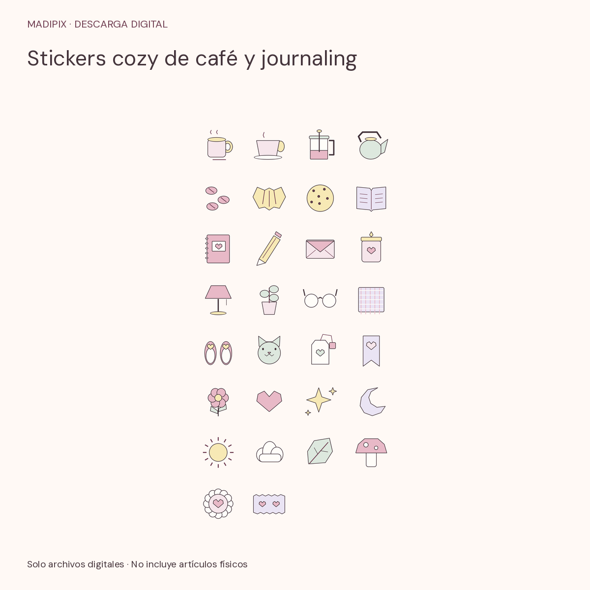 Stickers cozy de café y journaling · vista del archivo real