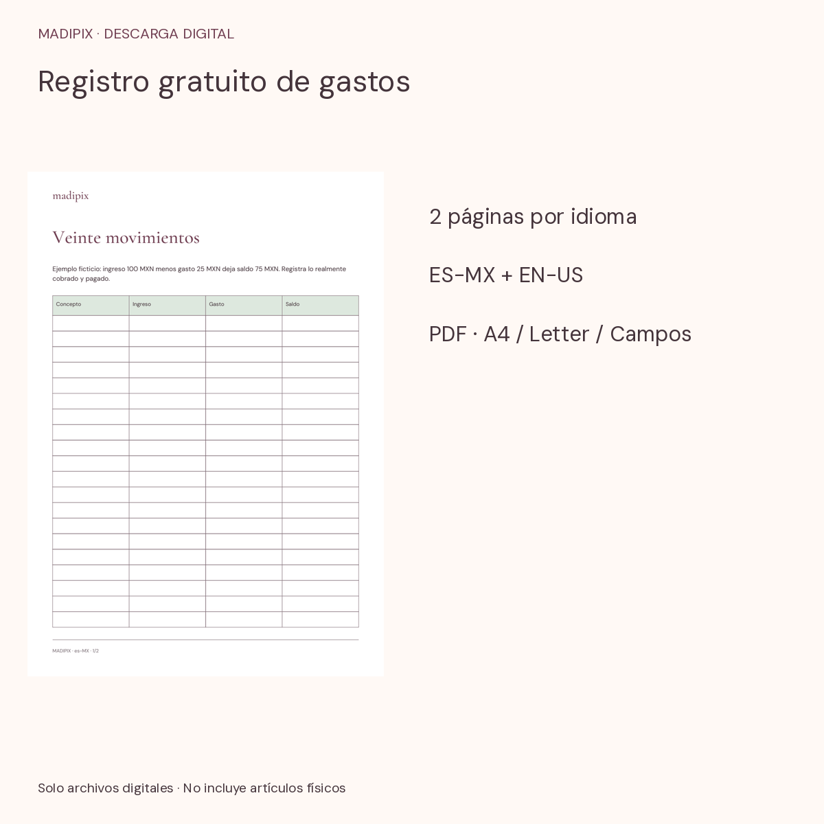 Registro gratuito de gastos · vista del archivo real