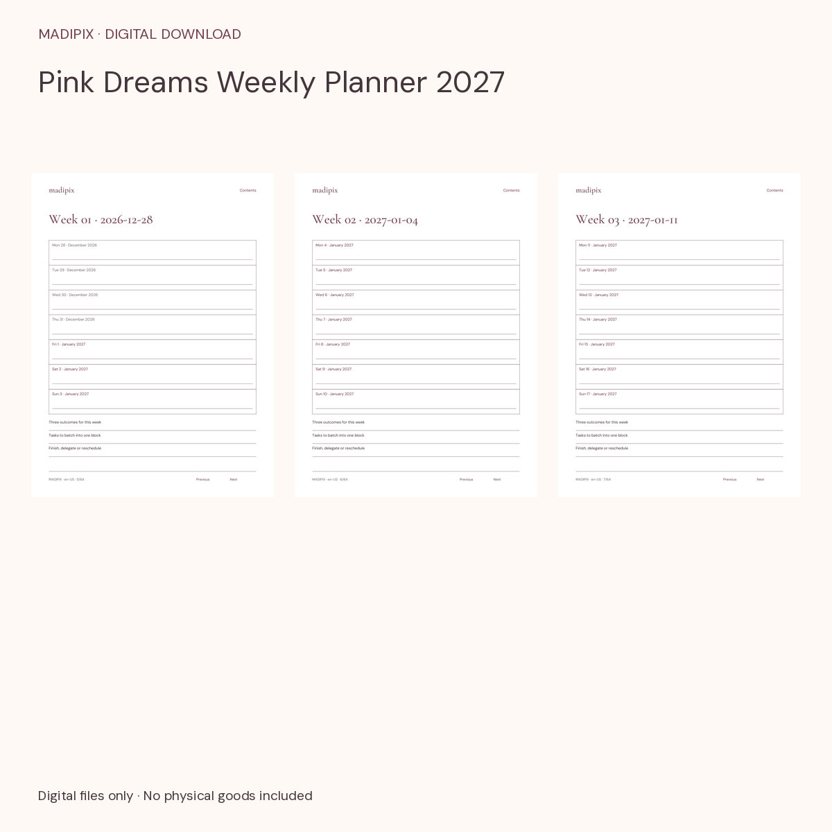 Pink Dreams Weekly Planner 2027 · actual file preview