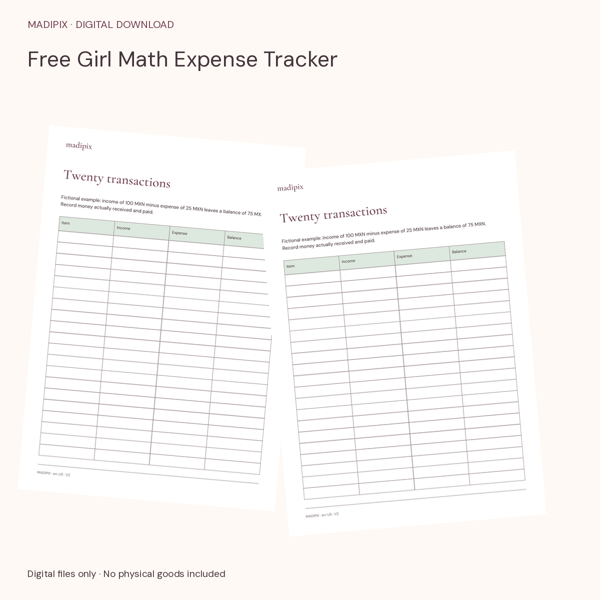 Free Girl Math Expense Tracker · actual file preview