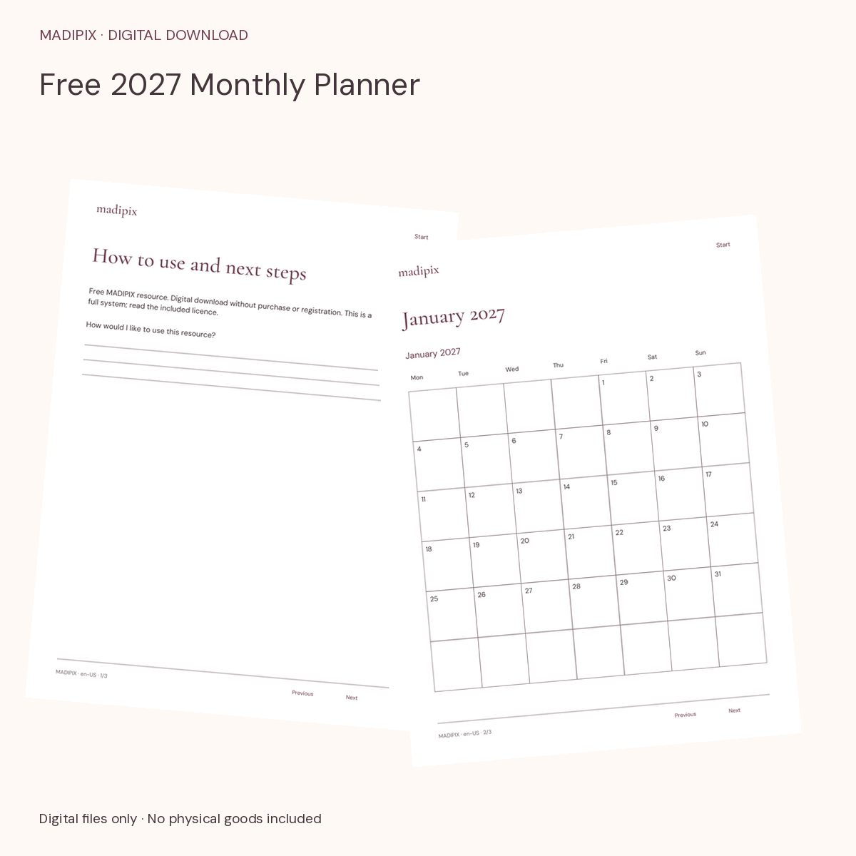 Free 2027 Monthly Planner · actual file preview