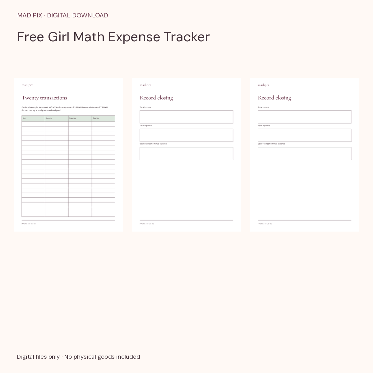 Free Girl Math Expense Tracker · actual file preview