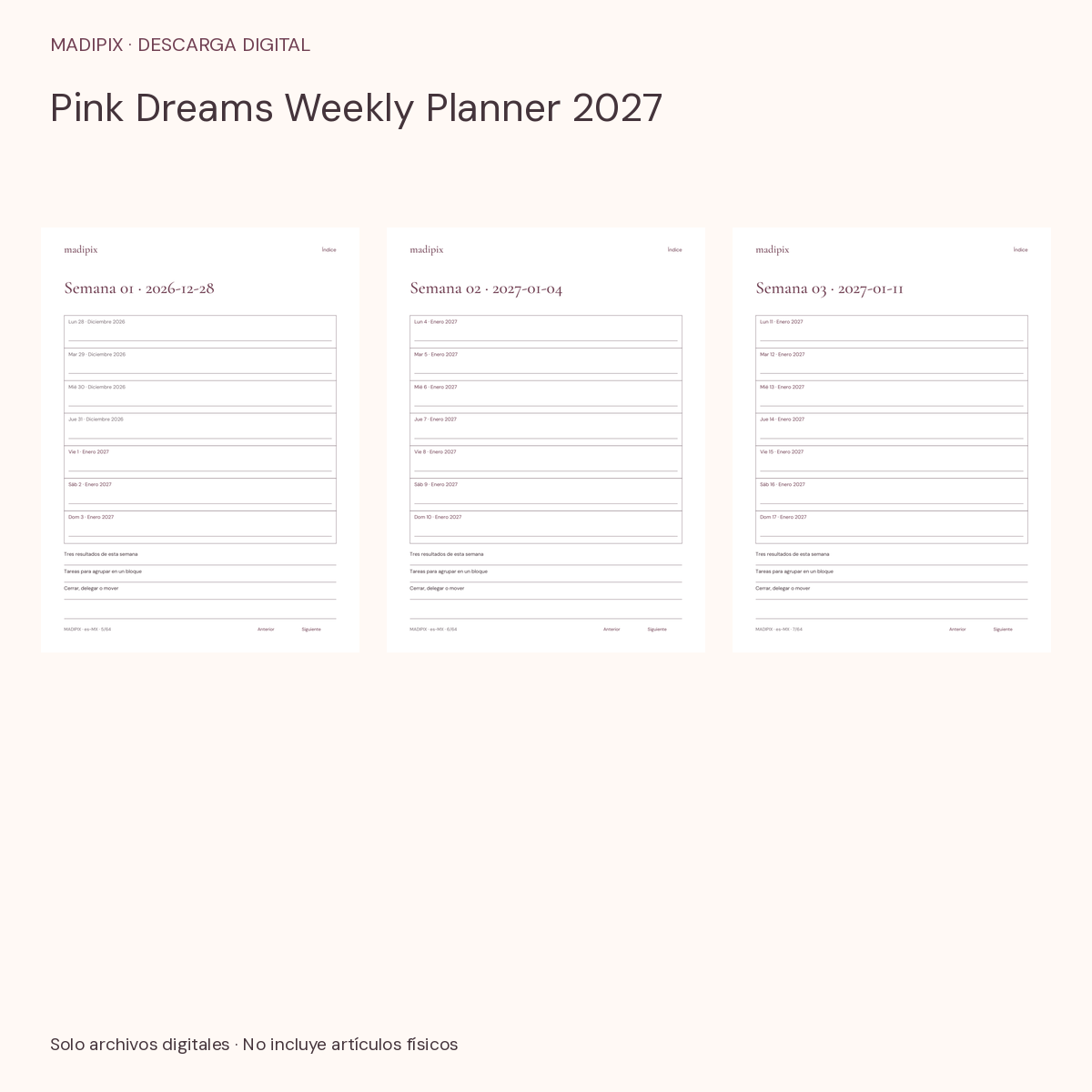 Pink Dreams Weekly Planner 2027 · vista del archivo real