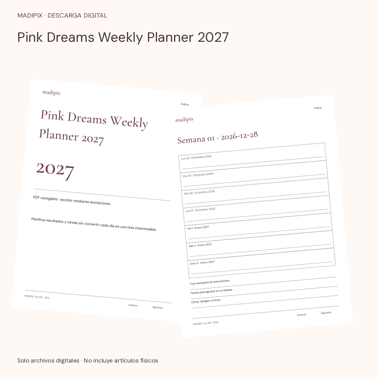 Pink Dreams Weekly Planner 2027 · vista del archivo real
