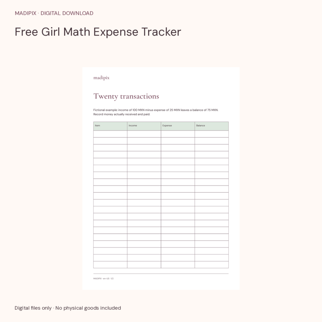 Free Girl Math Expense Tracker · actual file preview