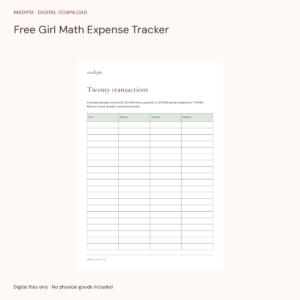 Free Girl Math Expense Tracker · actual file preview