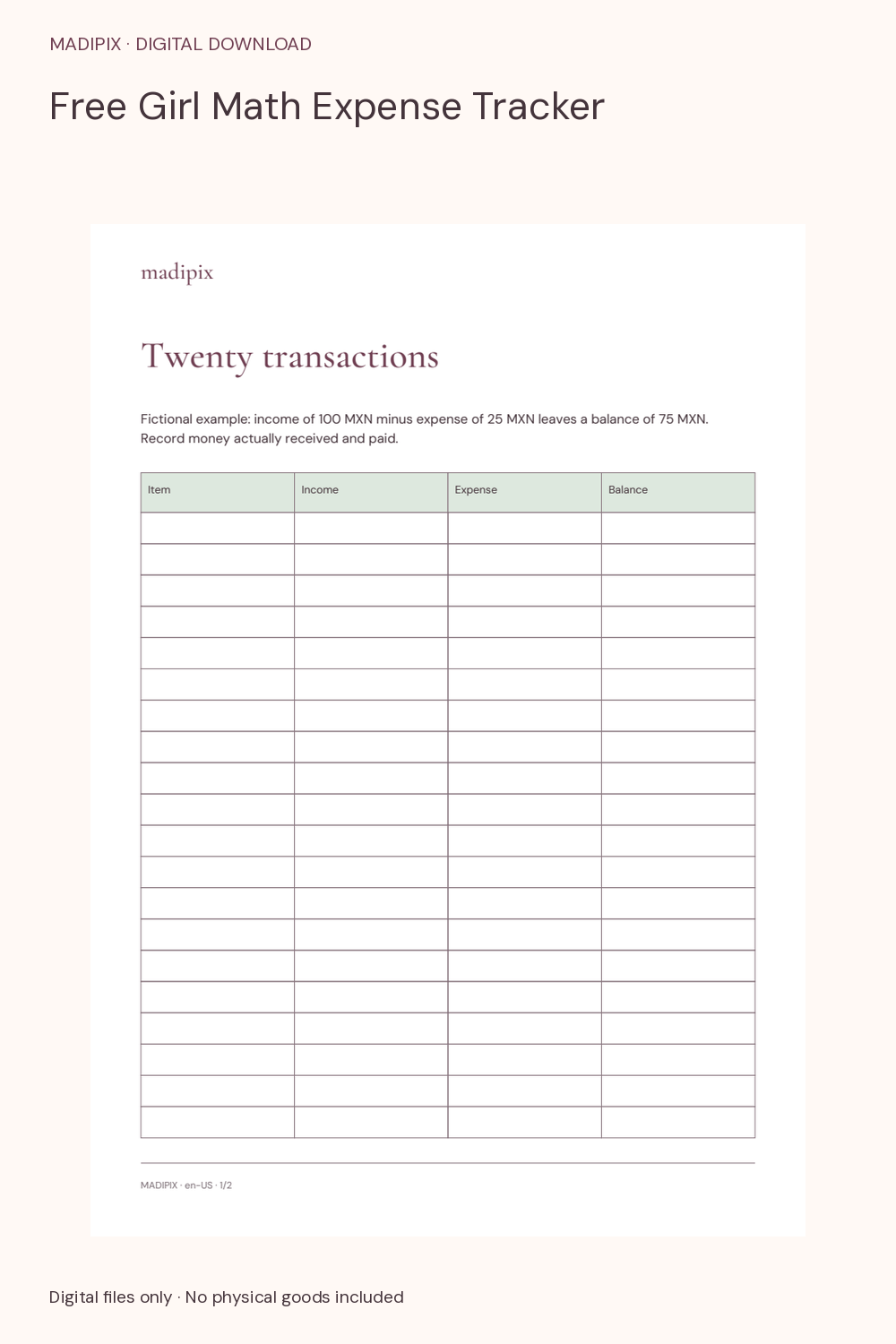 Free Girl Math Expense Tracker · actual file preview